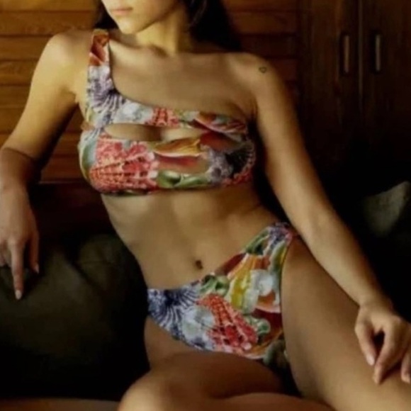 Hosbjerg Free People Fulon Shell Print Green 1-Shoulder Top & High Cut Legs 2Pc - Picture 5 of 5